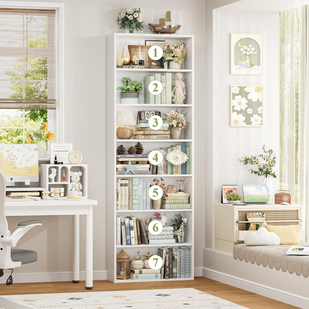82" Tall Bookshelf, 7-Tier Open Shelves Bookcase, Freestanding Display Storage Shelves, Tall Bookcase Home Decor Furniture For Home Office, Living Room, Bedroom, White