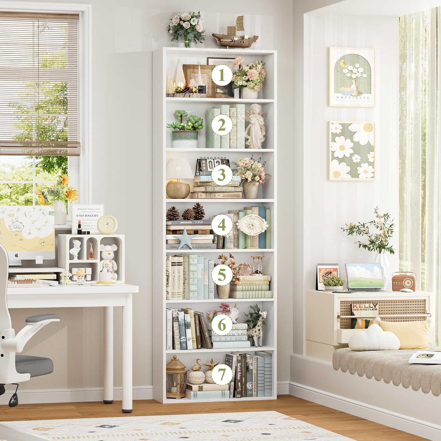 82" Tall Bookshelf, 7-Tier Open Shelves Bookcase, Freestanding Display Storage Shelves, Tall Bookcase Home Decor Furniture For Home Office, Living Room, Bedroom, White