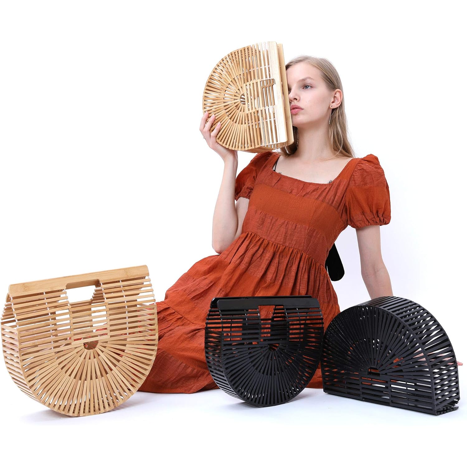 Miuco Womens Bamboo Handbag Handmade Large Tote Bag Straw Beach Bags Beach Purse Size