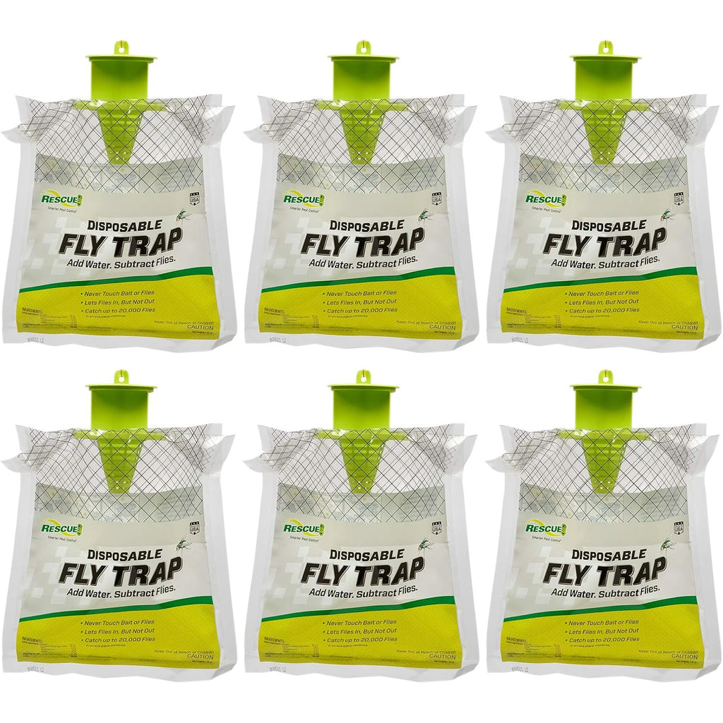 Rescue! Outdoor Disposable Fly Trap – Hanging Fly Catcher With Attractant Bait, Fly Bag For Patio, Yard, Trash & Farm Areas – Easy-To-Use Outdoor Fly Control - 6 Traps