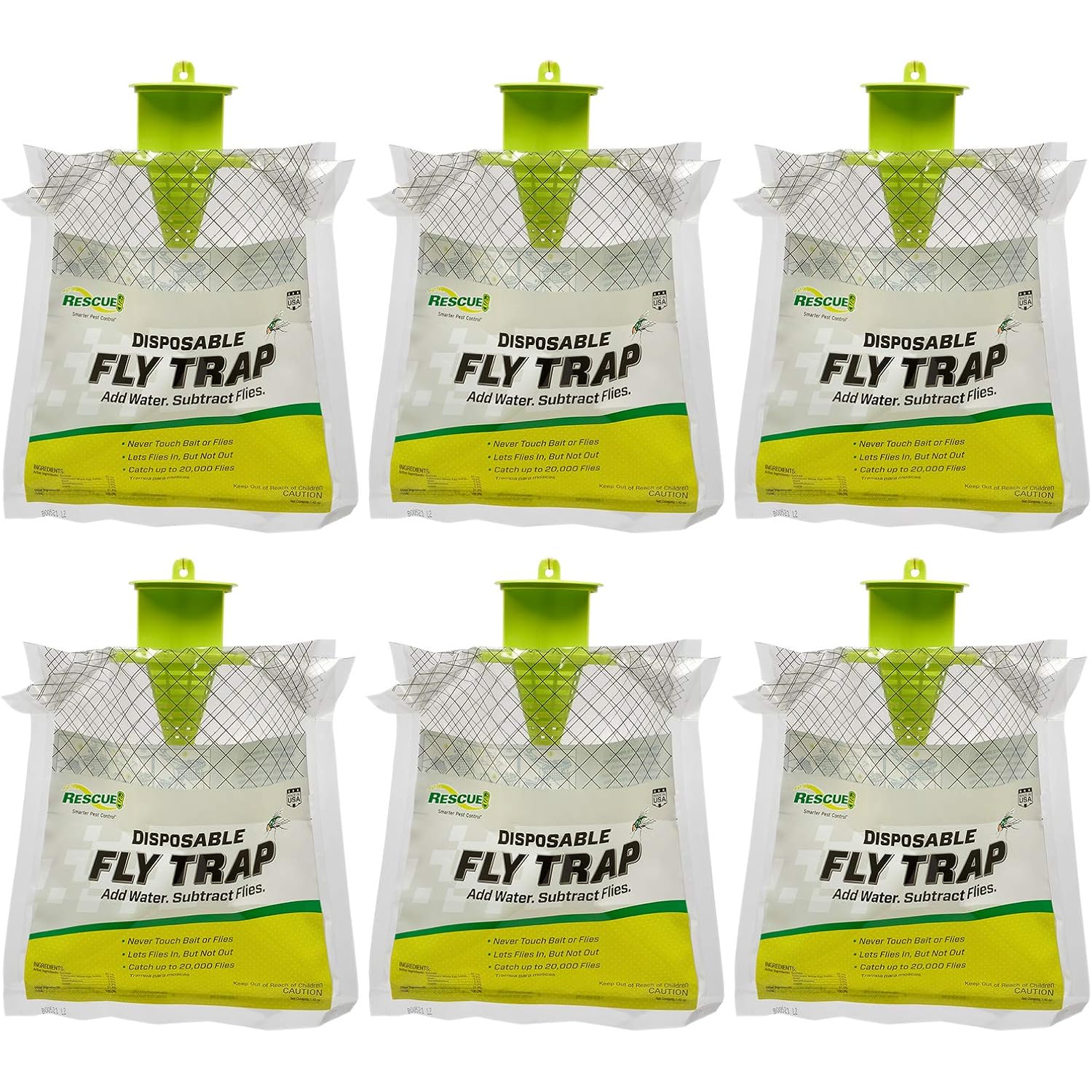 Rescue! Outdoor Disposable Fly Trap – Hanging Fly Catcher With Attractant Bait, Fly Bag For Patio, Yard, Trash & Farm Areas – Easy-To-Use Outdoor Fly Control - 6 Traps