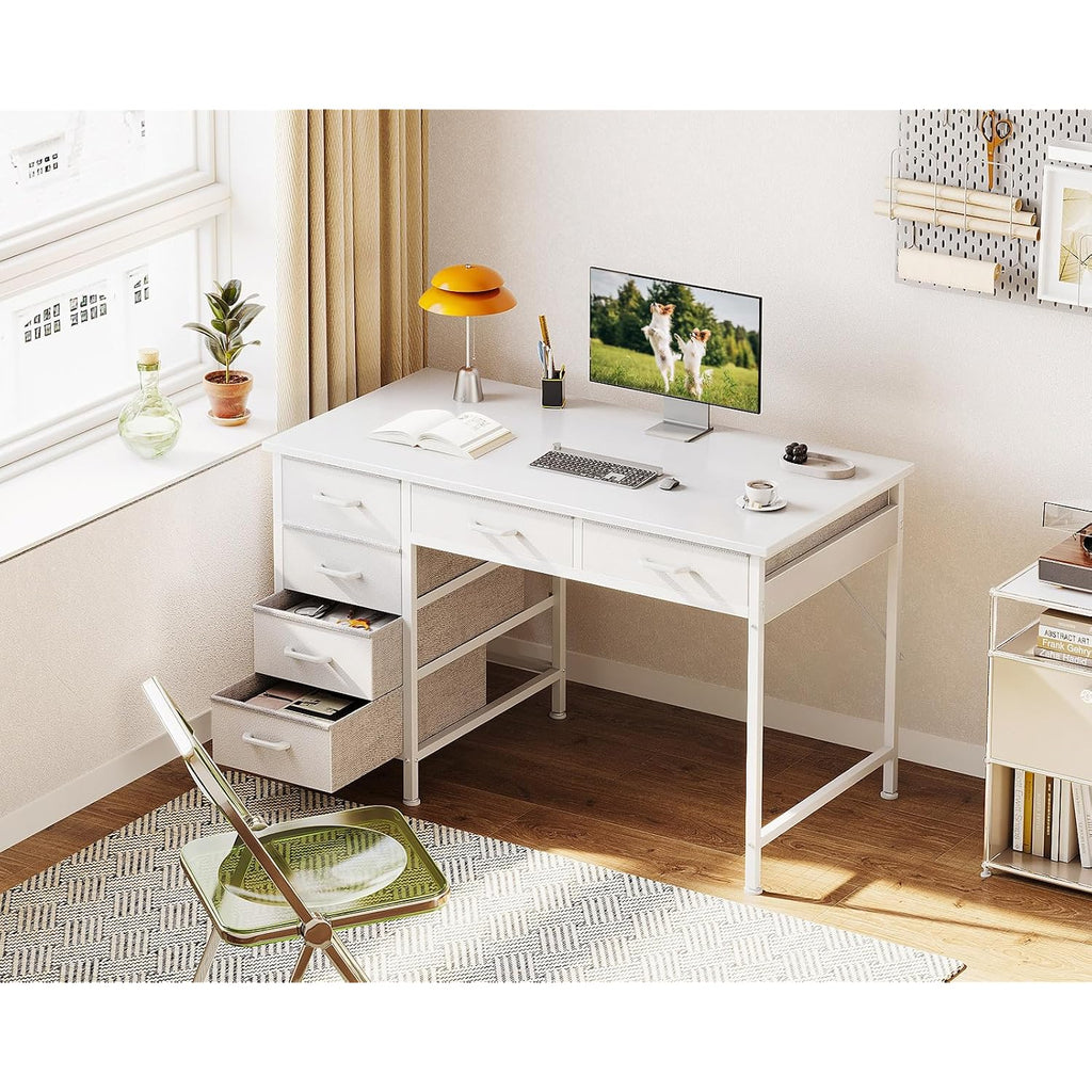 Odk Computer Desk With 6 Drawers, 40 Inch Small Desk With Storage, Reversible Desk For Home Office, Work Study Table For Bedroom, White