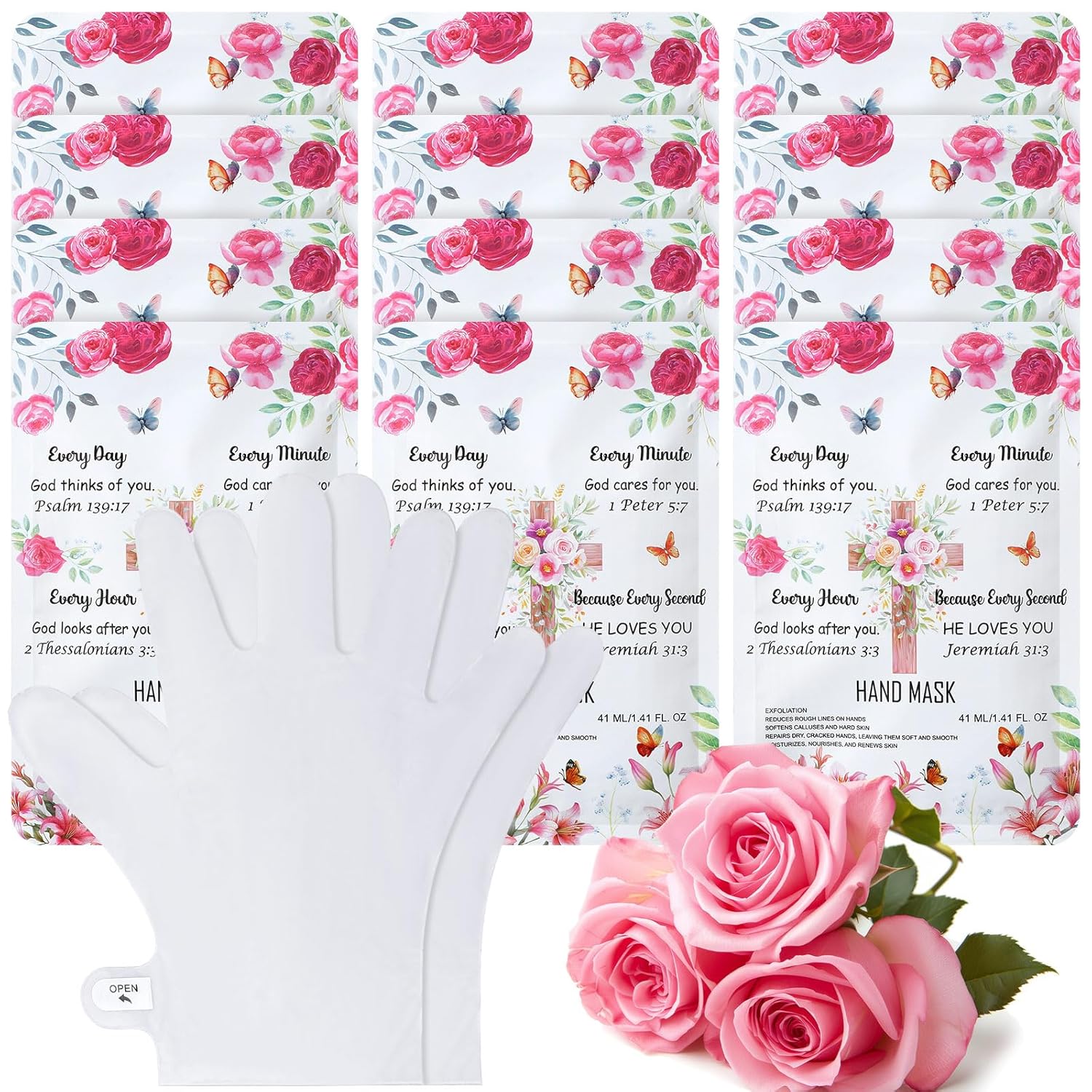 Loopeer 12 Pcs Christian Hand Mask Christian Gifts for Women Bible Verse Gloves for Skin Dry Hydrating Hand Masks Moisturizer Rose Gloves for Mom Grandma Church Prayers Coworker