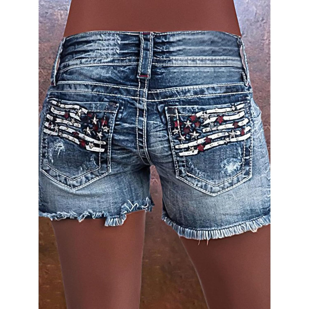 Distressed Jean Shorts for Women High Waist American Flag Button Fly Raw Hem Denim Shorts
