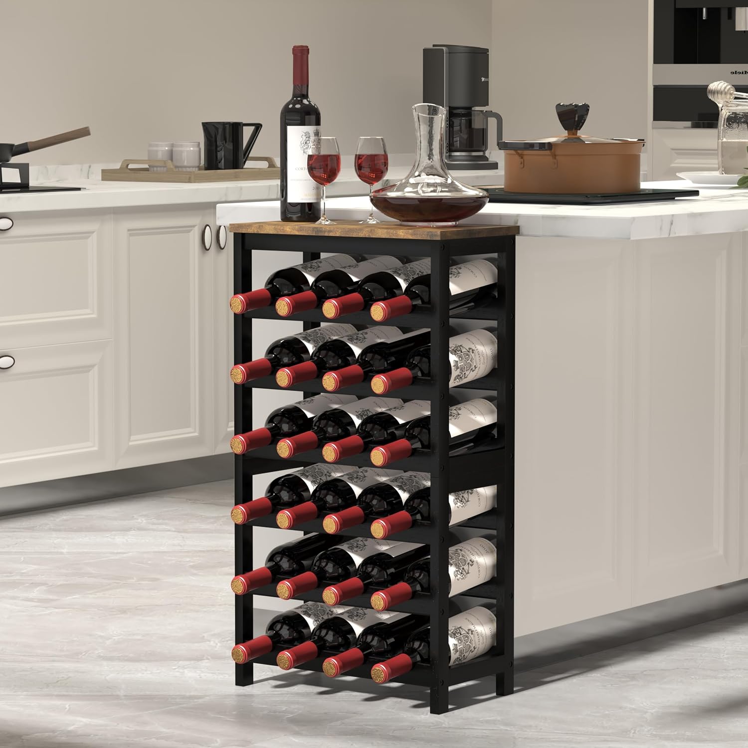 24 Bottles Wine Rack Freestanding Floor, Brown Table Top, Kitchen Cellar | Flexible 2-In-1 Design: Split Into Two 12-Bottle Countertop Wine Racks