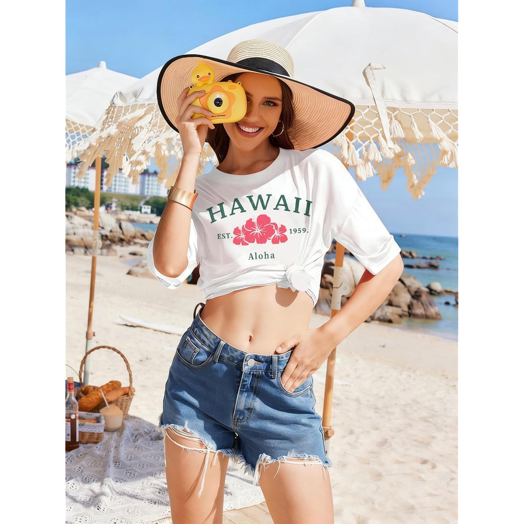 FRYAID Hawaii Sheer Shirt Women Beach Tank Top Los Angeles Graphic T-Shirt Casual Summer Shirts Vacation Tourist Beach Tee White