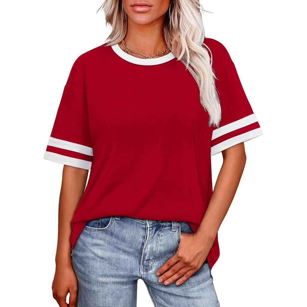 Womens T Shirts Loose Fit Short Sleeve Tees Crew Neck Color Block Summer Tops 2026 Fashion