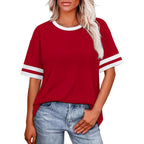Womens T Shirts Loose Fit Short Sleeve Tees Crew Neck Color Block Summer Tops 2026 Fashion
