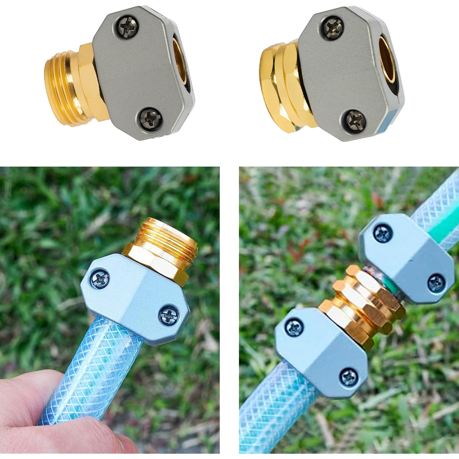 Hourleey Garden Hose Repair Kit, 2 Sets Aluminum Alloy Garden Hose End Mender, Male And Female Water Hose Repair Fittings, Fit 5/8" And 3/4" Connector, With 4 Extra Hose Washers