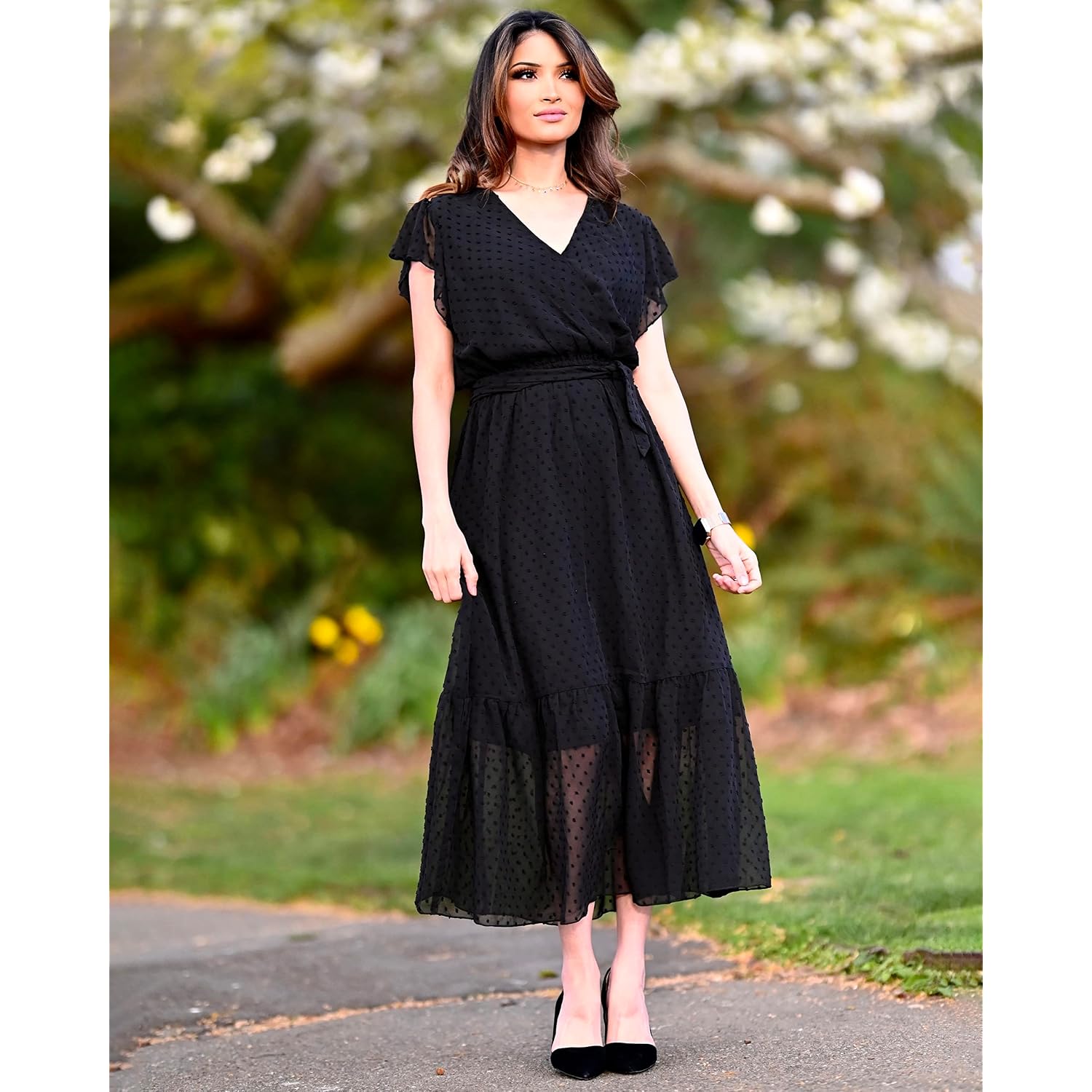 Btfbm Women Summer Bohemian Floral Casual Wrap V Neck Ruffle Cap Sleeveless Belt A-Line Pleated Hem Midi Sun Dress White