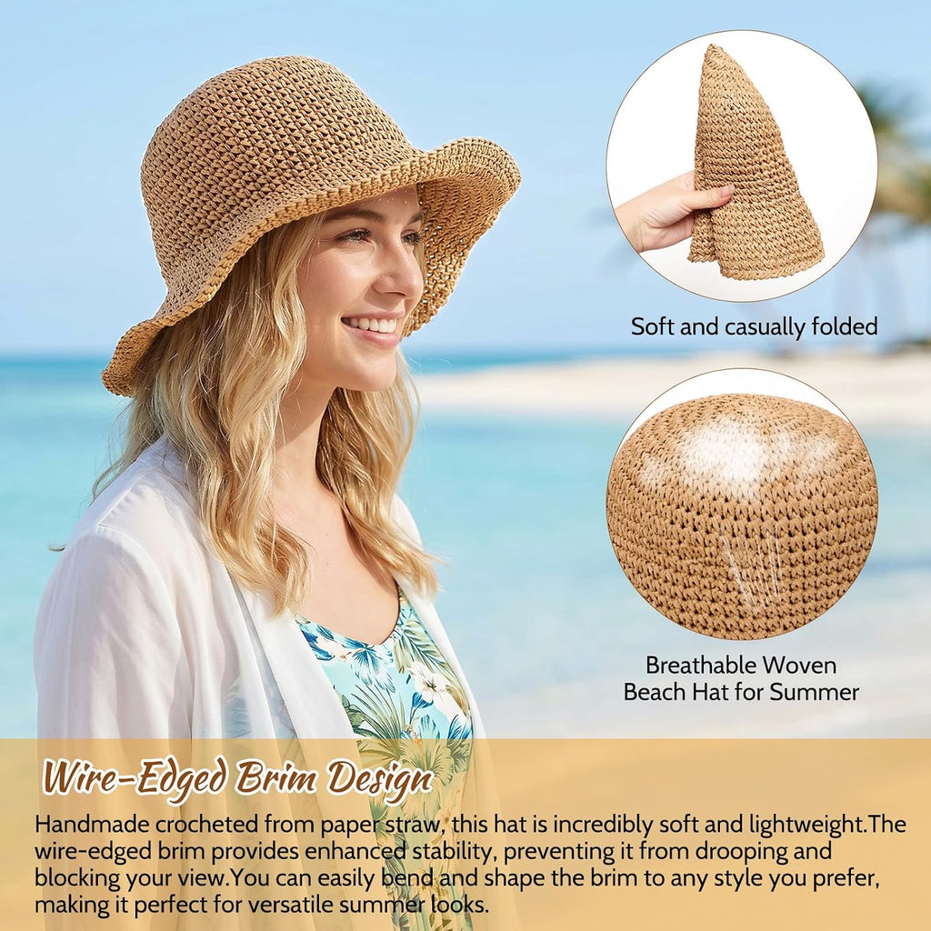 Straw Beach Sun Hats for Women Foldable Sun Hat Packable Floppy Bucket Beach Hat Summer Travel Outdoor Cap Khaki