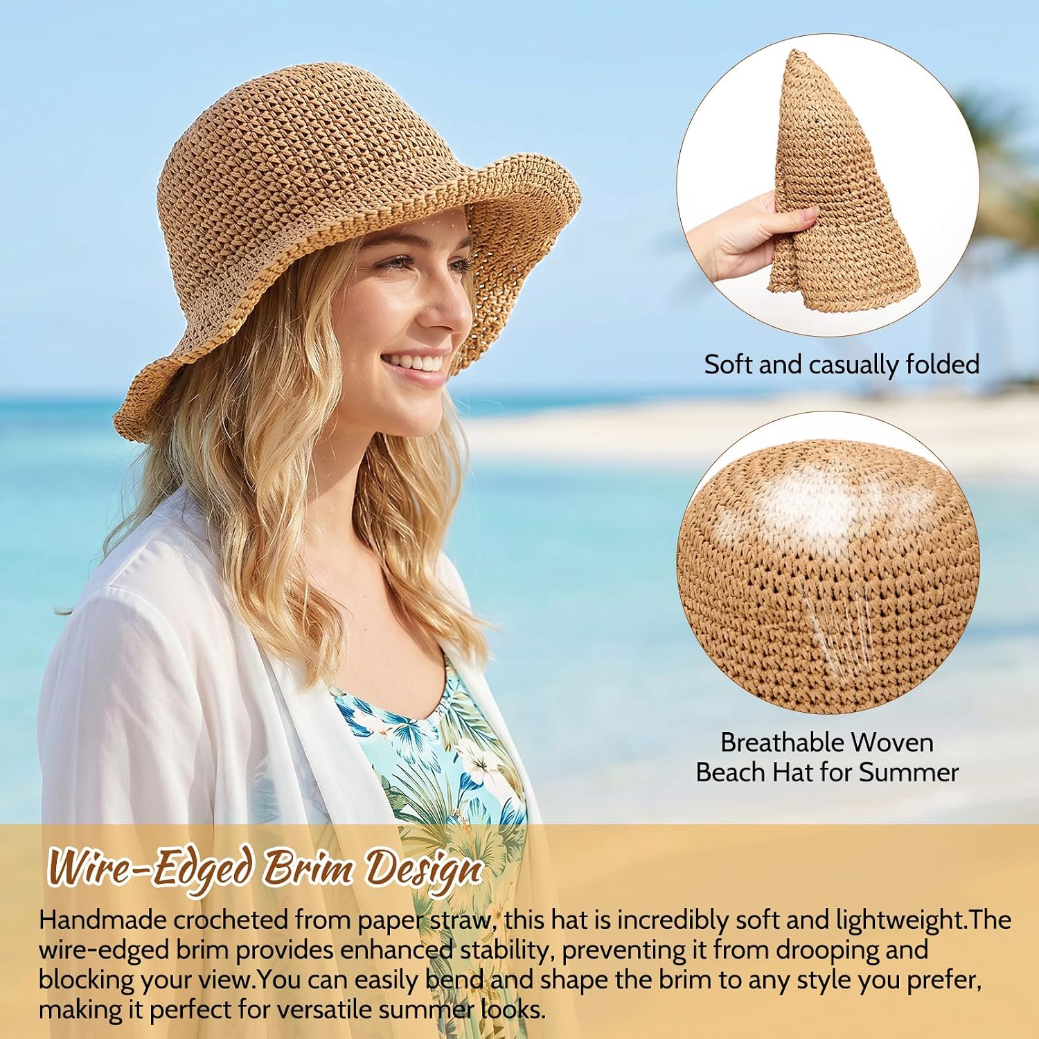 Straw Beach Sun Hats for Women Foldable Sun Hat Packable Floppy Bucket Beach Hat Summer Travel Outdoor Cap Khaki