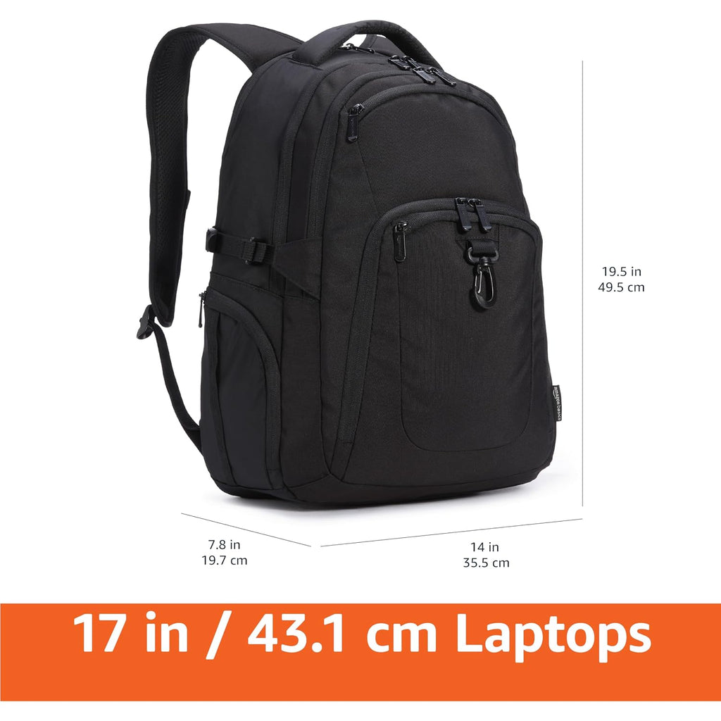 Amazon Basics Travel Laptop Backpack With Multiple Pockets And Compartments For 17 In / 43.1 Cm Laptop, Water Resistant, Spacious With Padded Shoulder Straps, Black