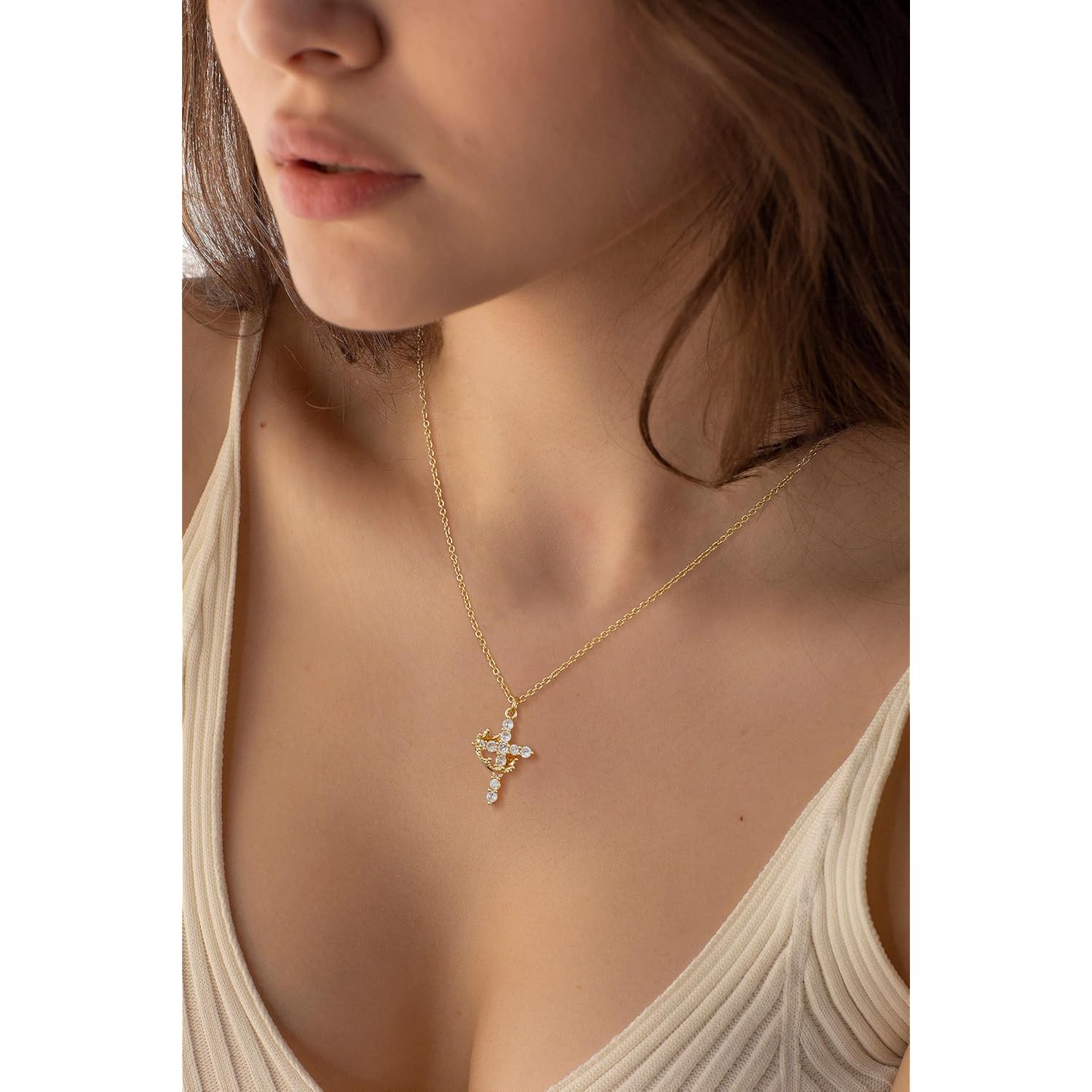 Tewiky Christian Gift Stocking Stuffers Cross Necklace for women-Dainty 14k Gold Plated/Silver Plated Pendant Necklaces Simple Cute Tiny Necklace Jewelry for Women
