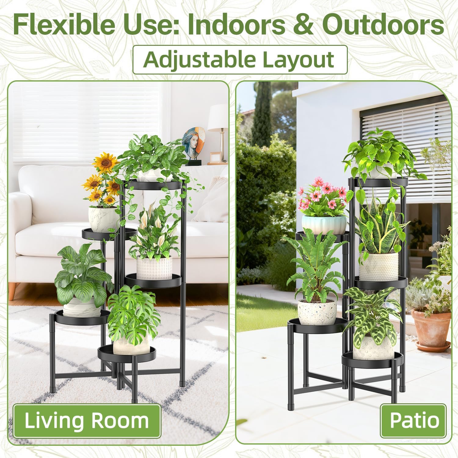 Plant Stand Indoor Outdoor, 5 Tier Corner Metal Flower Display Holder Shelf, Folding Tall Orchid Rack For Patio Balcony Porch Garden Living Room House, Black