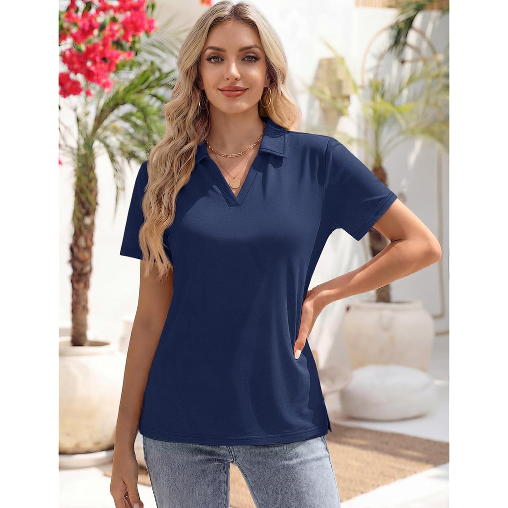 Women's Polo Shirts Short Sleeve V Neck Business Casual Tops Collared Cotton Golf Polos Work Summer Tees