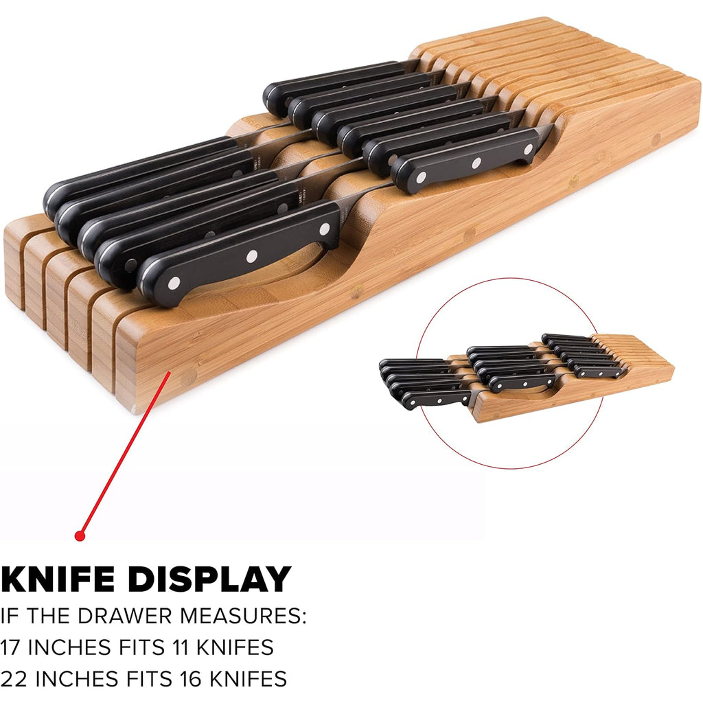 Bellemain 100% Pure Bamboo In Drawer Knife Block | 16 Knife Slots Knife Drawer Organizer | Store Knives Safely With The Blades Down | Storage Solution For Your Kitchen | Knife Organizer Drawer Insert