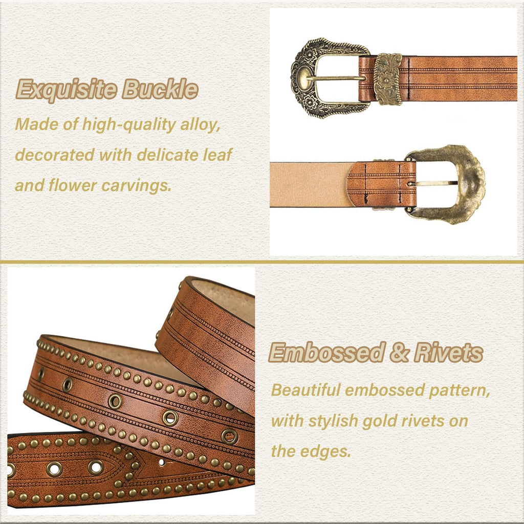 Mealah Vintage Western-Cowboy-Belt for Women Men - Carved Buckle PU Leather Waist Belts (for Waist 28"-38")