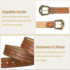 Mealah Vintage Western-Cowboy-Belt for Women Men - Carved Buckle PU Leather Waist Belts (for Waist 28"-38")