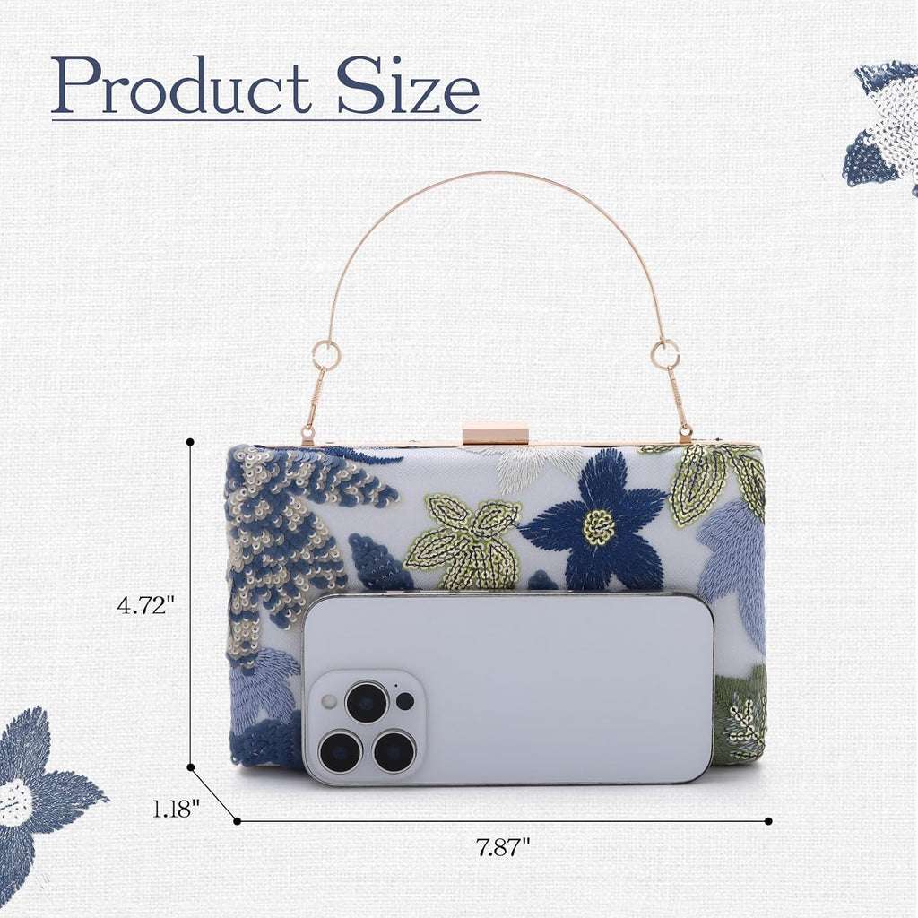 Embroidery Clutch Purses For Women Floral Sequin Evening Bag Formal Designer Handbags With Chain For Wedding, Party