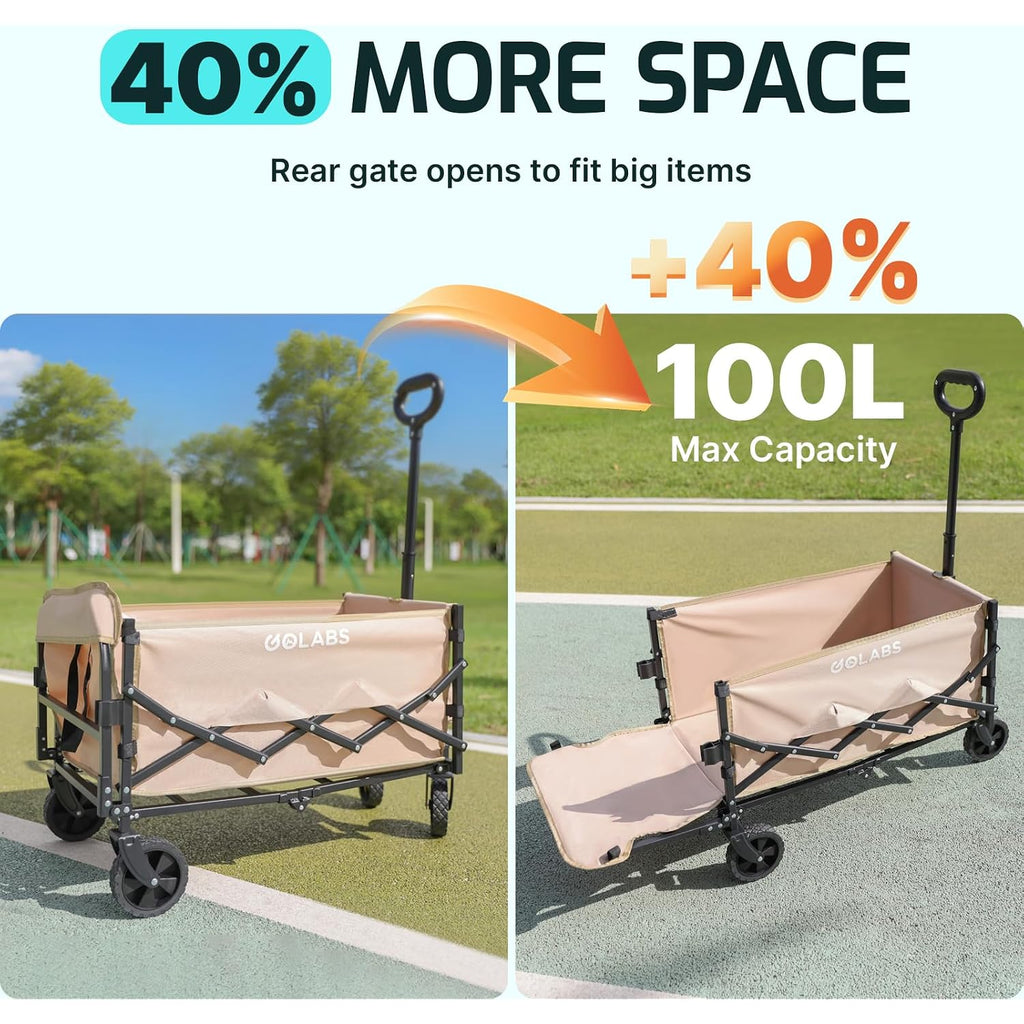 Golabs Wa1 Collapsible Folding Wagon Cart, Max 220Lb Load, Expands To 100L | Dual-Bearing Wheels, Smooth Swivel Steering, Drop-Down Tailgate, Extended Storage, 2 Cup Holders,Grocery/Garden/Camping,Black