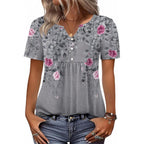 Zeagoo Womens Short Sleeve Tops Summer Henley V-Neck Tshirts Casual Pleated Blouse Dressy Loose Floral Basic Tee