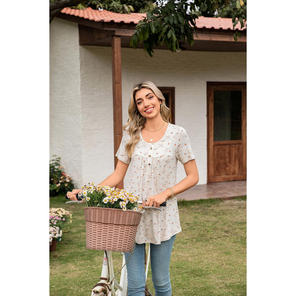 Women's Tunic Tops Short Sleeve Henley Pleated Blouse Loose Fit Summer Shirts for Leggings