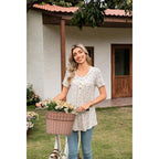 Women's Tunic Tops Short Sleeve Henley Pleated Blouse Loose Fit Summer Shirts for Leggings