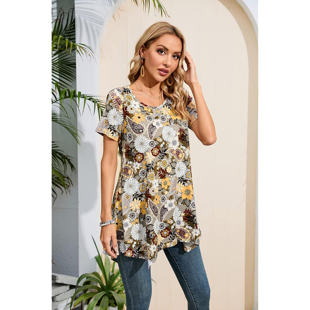 Tunic Tops for Women Plus Size Short Sleeve Top Loose Fit Dressy Casual Swing Summer Tunics Tops to Wear with Leggings