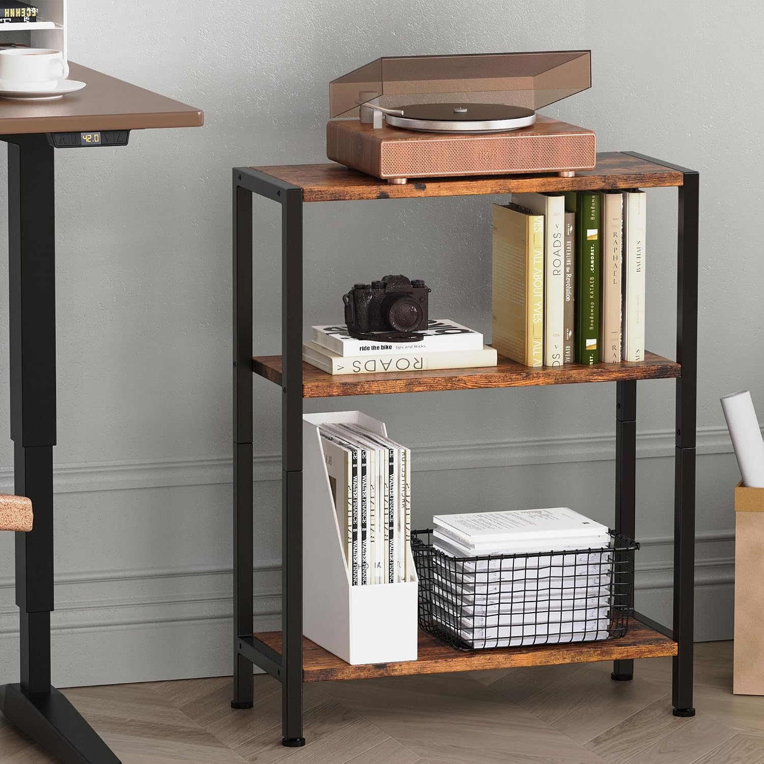 3-Tier Side Table, Small End Table, Sofa Side Table For Narrow Spaces, Slim End Table, Nightstand Table, For Living Room Bedroom Office, Rustic Brown
