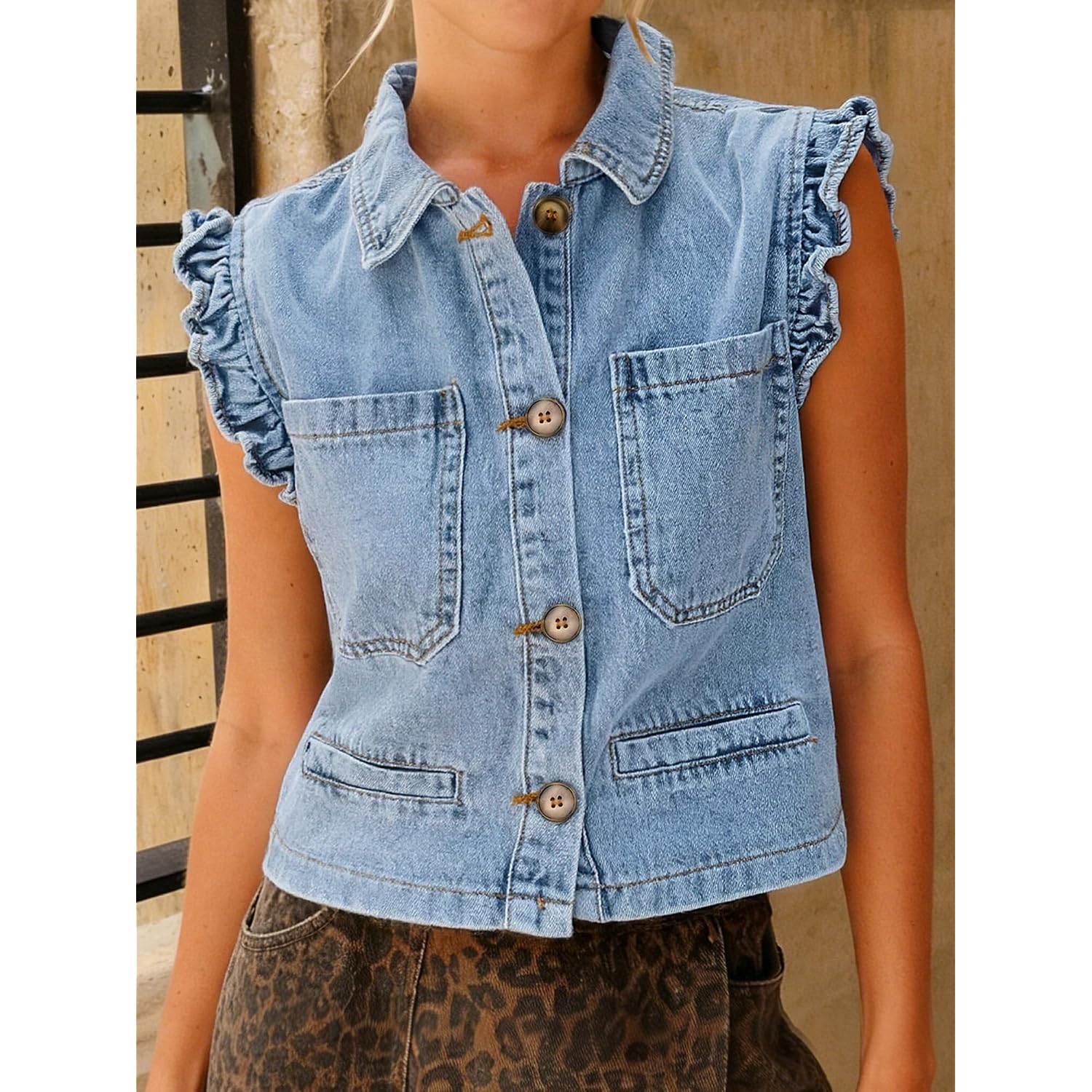 Women'S Casual Denim Vest Sleeveless Ruffle Cuffed Cropped Jacket Tops 2026 | Country Concert Outfits For Women,Western Clothing,Y2K Fashion,Denim Vest Shirts,Spring & Summer Fashion,Button Down Closure