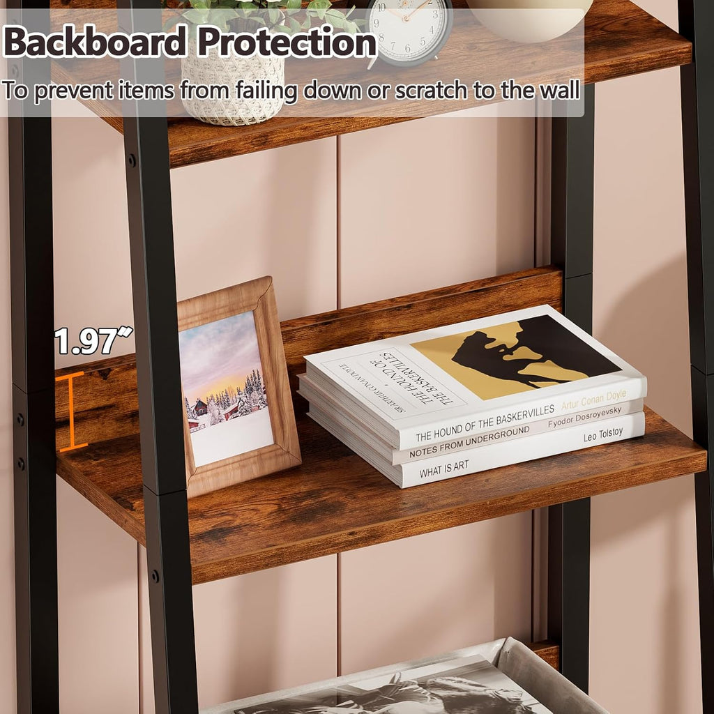 Furologee 5-Tier Ladder Shelf, Ladder Bookshelf With Removable Drawer, Rustic Bookcase Storage Rack Organizer, Wood Metal Freestanding Storage Shelf For Living Room, Home Office, Bedroom, Balcony