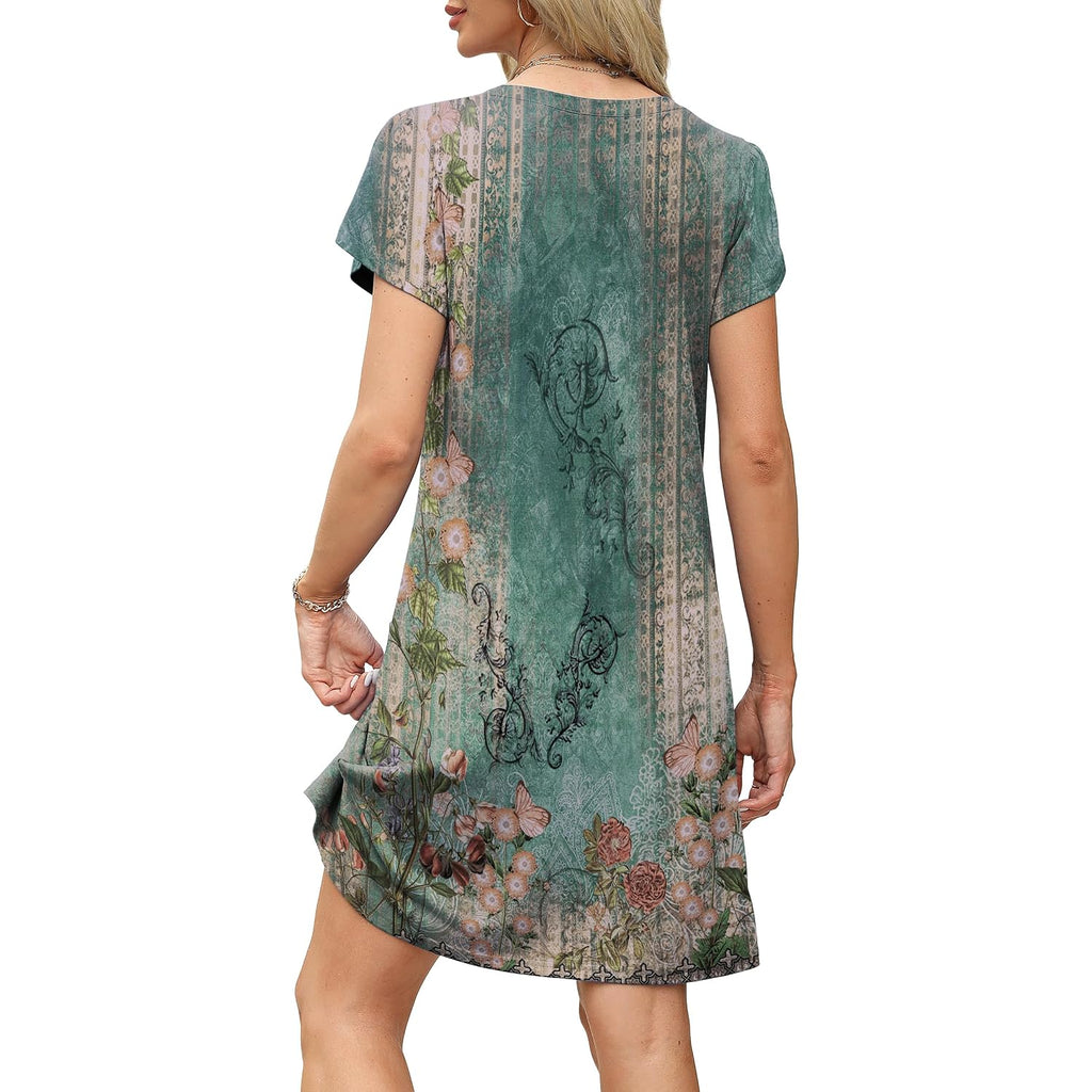 Ofeefan Womens Summer Dresses 2026 Tulip Petal Short Sleeve V Neck Loose Swing Sundresses With Pockets Plain/Print