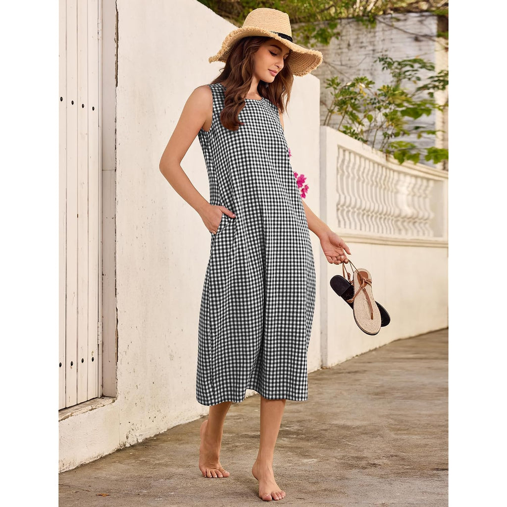 Lomon Summer Dresses For Women Cotton Casual Maxi Dress Beach Vacation Long Sundresses Plaid Striped With Pockets