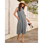 Lomon Summer Dresses For Women Cotton Casual Maxi Dress Beach Vacation Long Sundresses Plaid Striped With Pockets