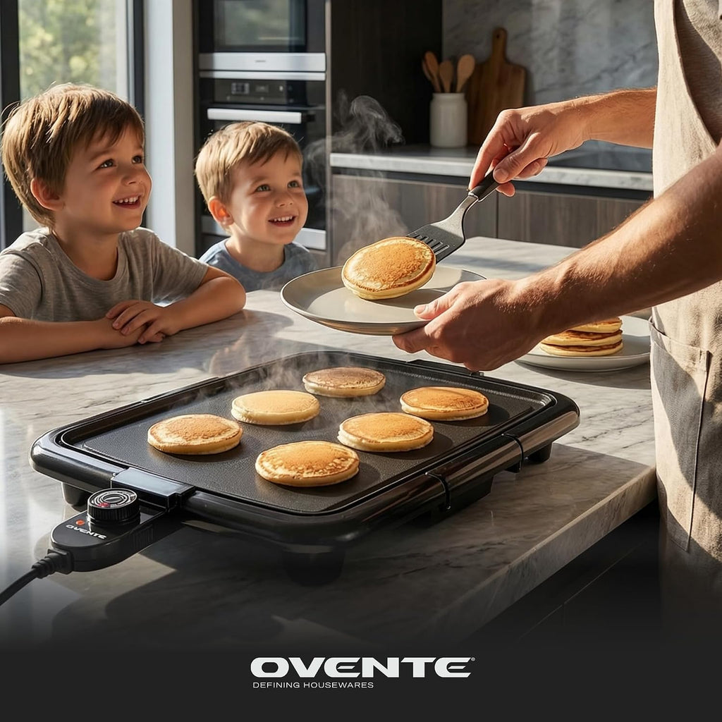 Ovente Electric Griddle With 16 X 10 Inch Flat Non-Stick Cooking Surface, Removable And Adjustable Temperature Control, Indoor Grill For Instant Breakfast, Pancakes, Eggs Or Burgers, Black Gd1610B