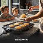 Ovente Electric Griddle With 16 X 10 Inch Flat Non-Stick Cooking Surface, Removable And Adjustable Temperature Control, Indoor Grill For Instant Breakfast, Pancakes, Eggs Or Burgers, Black Gd1610B