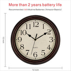 Foxtop Retro Silent Non-Ticking Round Classic Clock Quartz Decorative Battery Operated Wall Clock For Living Room Kitchen Home Office 12 Inch (Bronze)