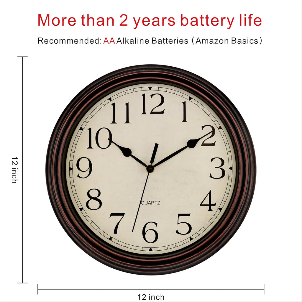 Foxtop Retro Silent Non-Ticking Round Classic Clock Quartz Decorative Battery Operated Wall Clock For Living Room Kitchen Home Office 12 Inch (Bronze)