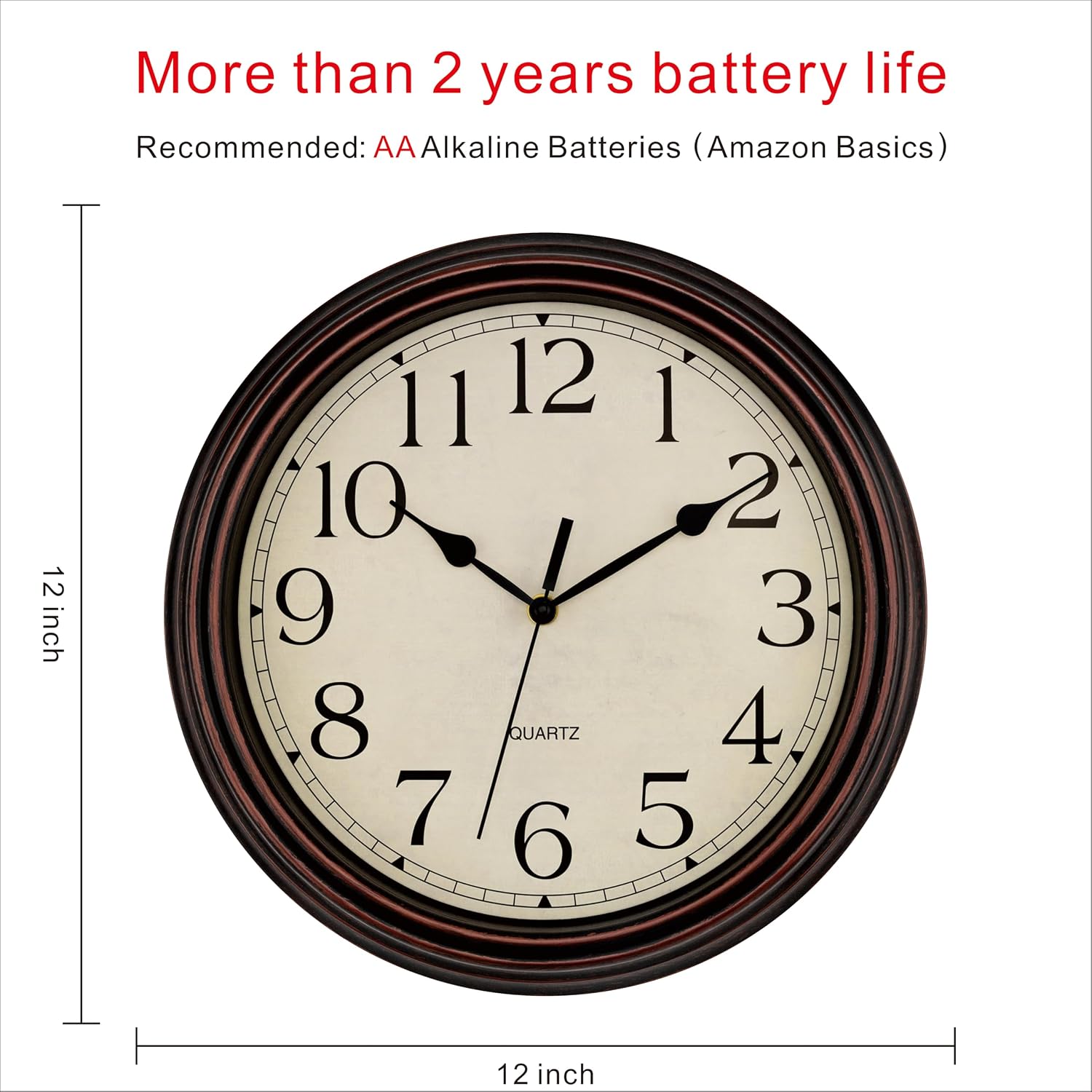 Foxtop Retro Silent Non-Ticking Round Classic Clock Quartz Decorative Battery Operated Wall Clock For Living Room Kitchen Home Office 12 Inch (Bronze)