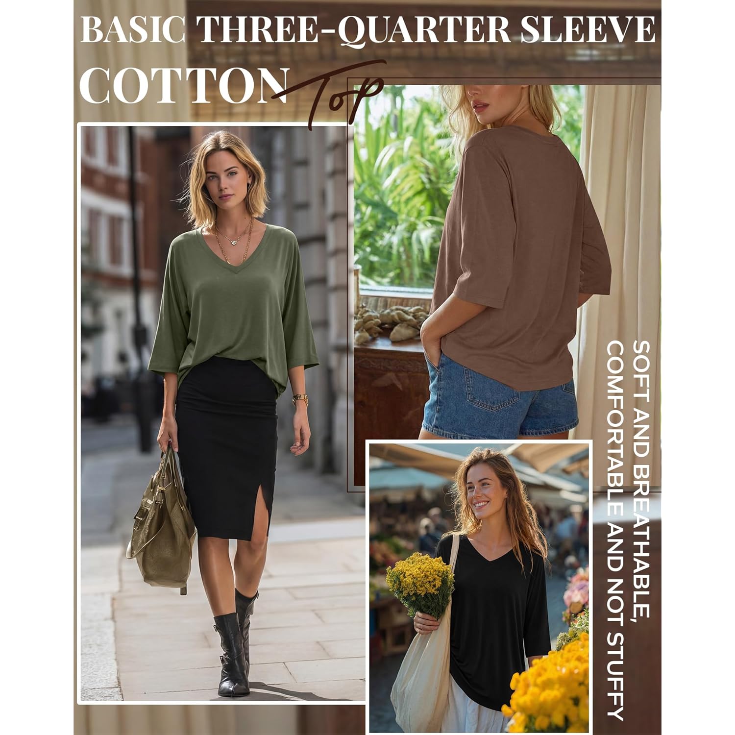 3 Pack Oversized 3/4 Length Sleeve Tops for Women Dressy Casual V Neck Basic Tees Loose Fit Cotton T Shirts