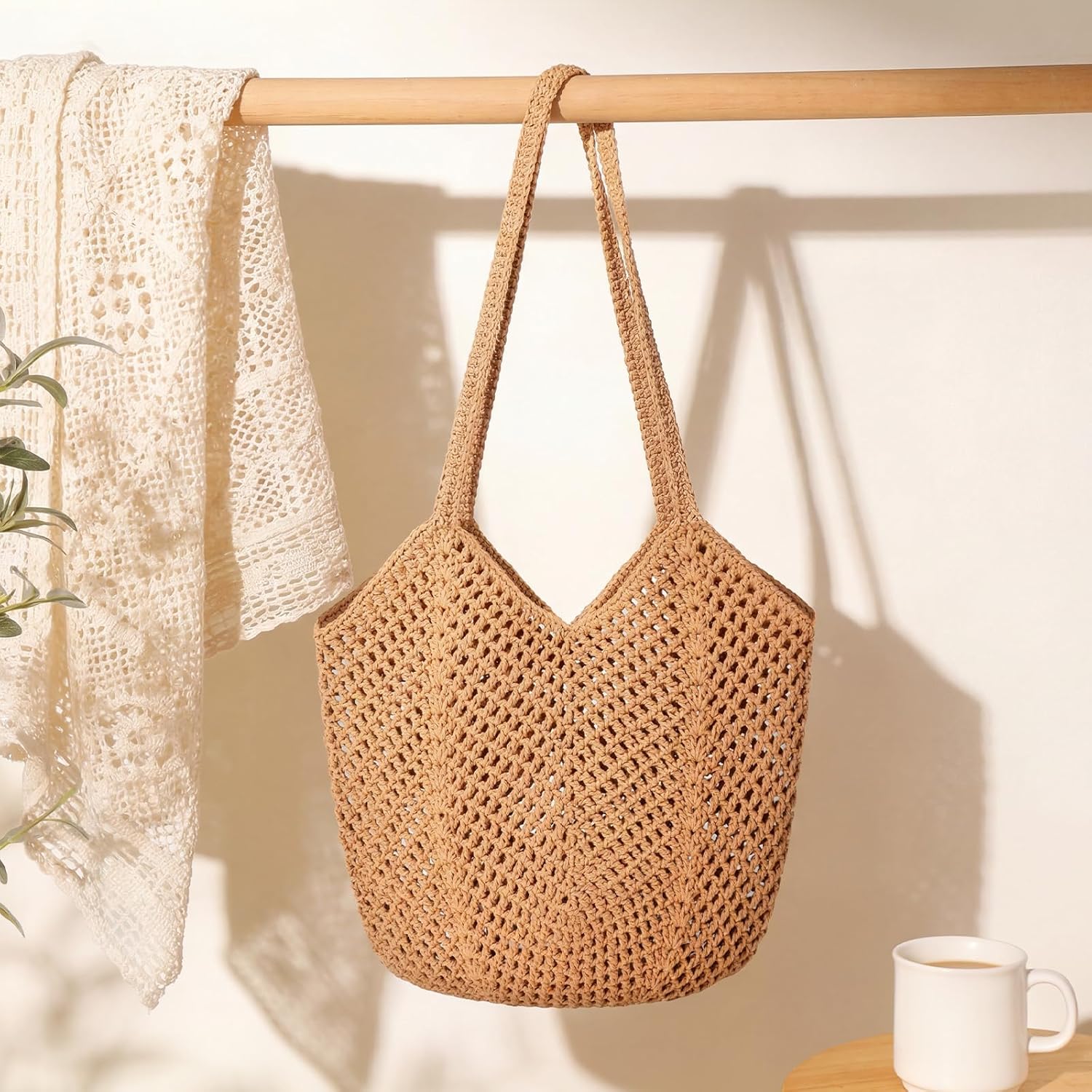 Tavaleu Crochet Tote Beach Bags for Women, Mesh Beach Tote Knit Bag, Summer Vacation Aesthetic Boho Hobo Shoulder Bag