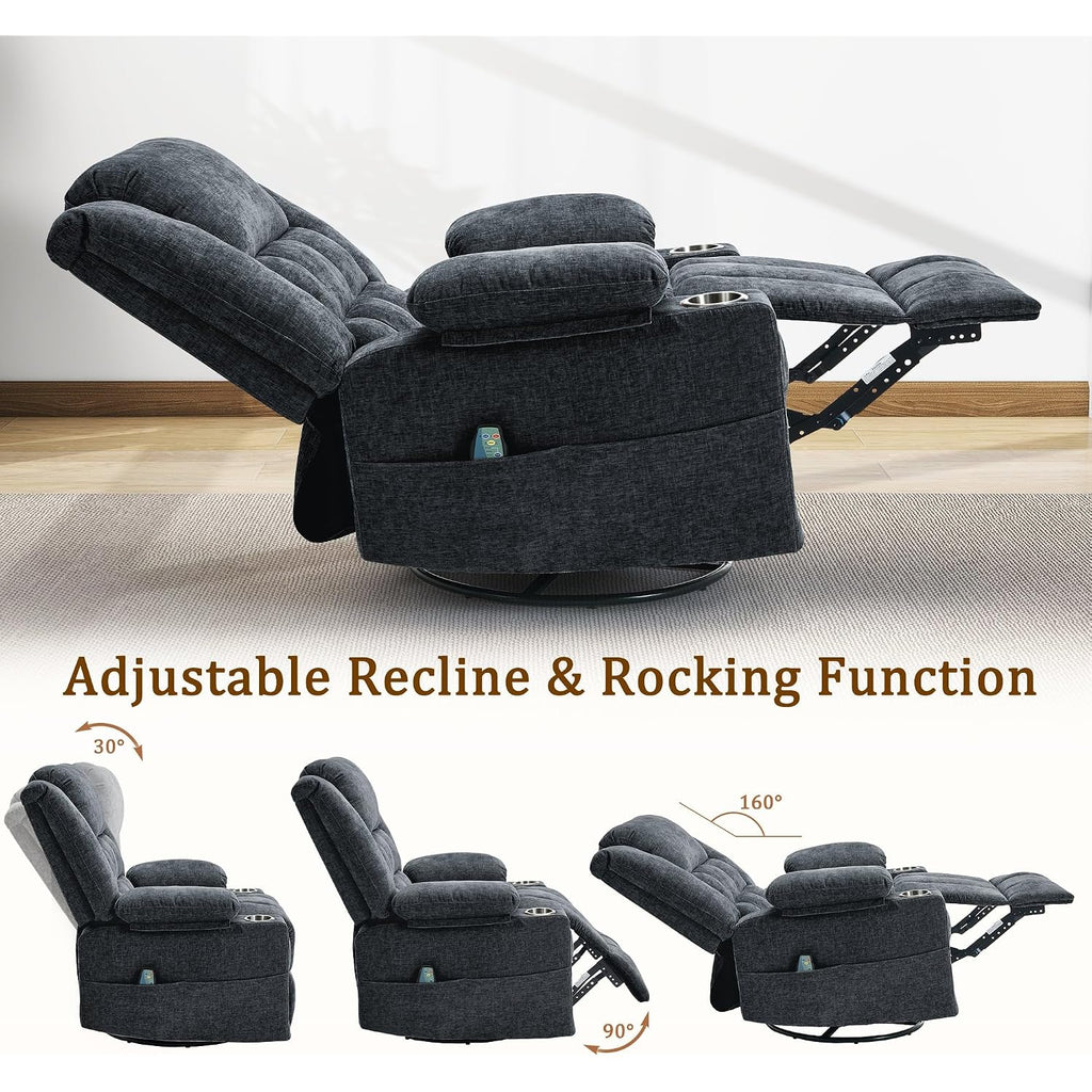 Korser 360° Swivel Rocker Recliner For Adults, Nursery Glider Recliner With Massage And Heating, Rocking Chair With Cup Holder, Manual Recliner Chair For Living Room, Bedroom (Fabric, Dark Gray)