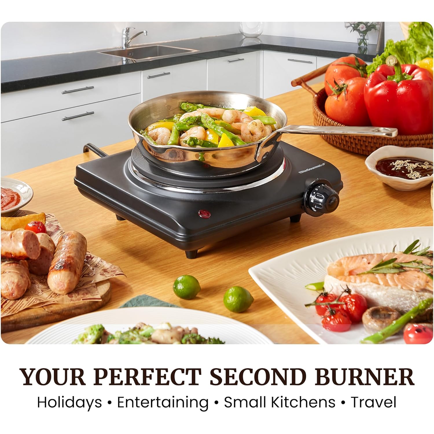 Elite Gourmet Countertop Electric Burner, 1000W Cast Iron Hot Plate, 7 Heat Settings, Portable Cooktop for RV, Dorm, Office & Small Kitchens, Road-Ready & Compact