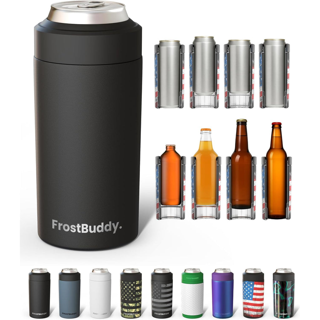 Frost Buddy Universal Can Cooler - Fits All - For Regular 12 & 16 oz or Slim-Size Bottles - Insulated Double-Walled Stainless Steel (MatteBlack)
