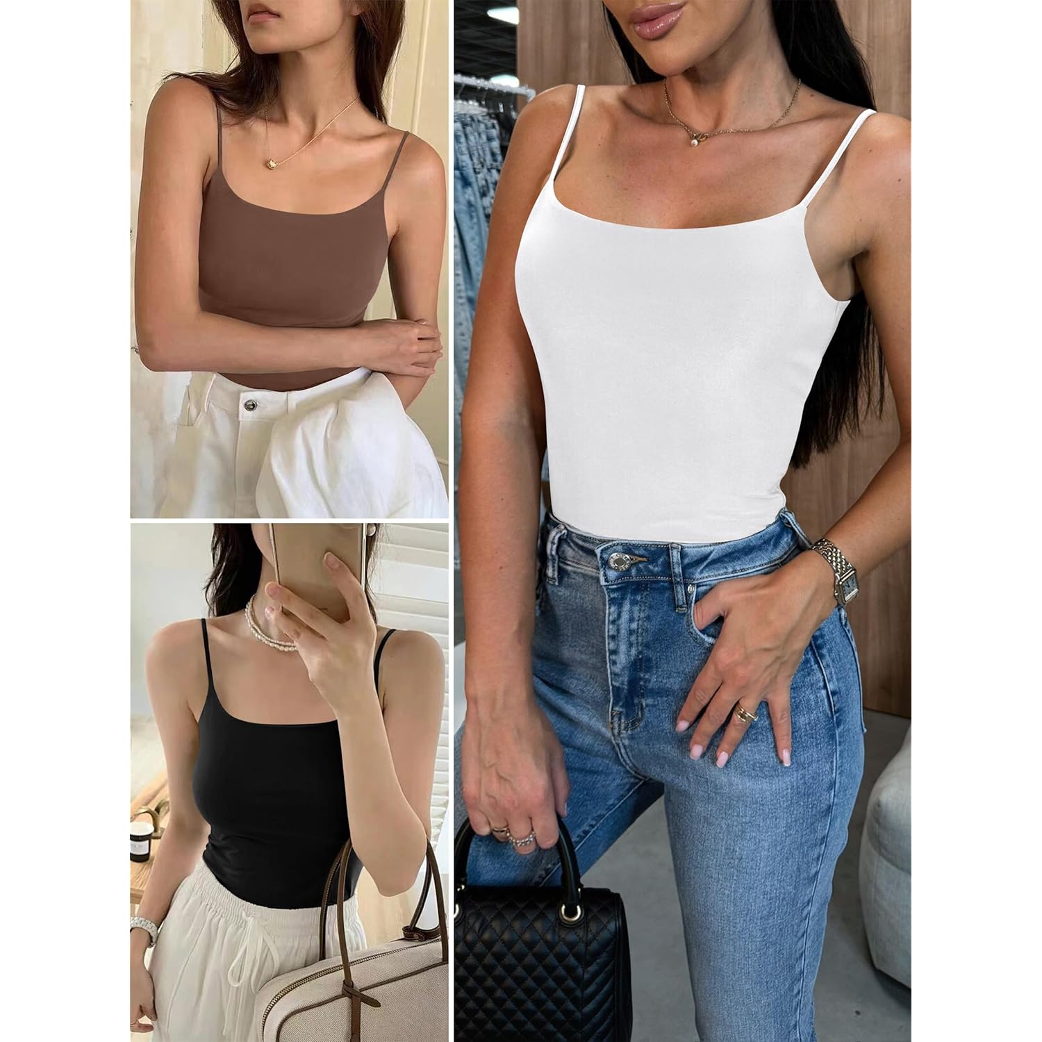 Tank Tops for Women Square Neck Adjustable Spaghetti Strap Double Lined Camisole Tops Summer Basic Cami Shirts
