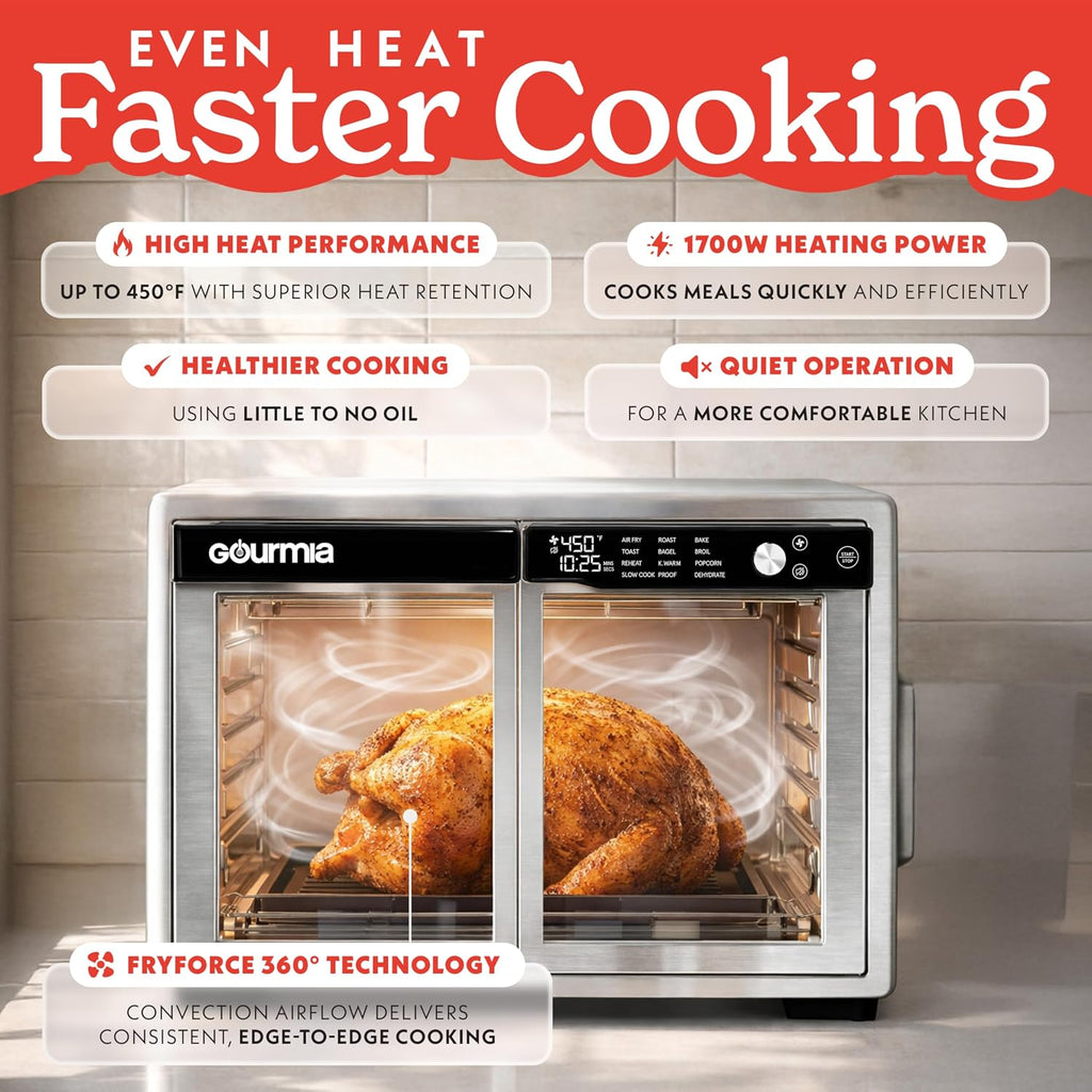 Gourmia French Door Air Fryer Oven - 37 Qt Large Capacity Convection Toaster Oven, Fryforce 360°, Digital Display, 12 Cooking Presets, Dehydrate, Fits 13” Pizza, Dishwasher-Safe, Stainless Steel