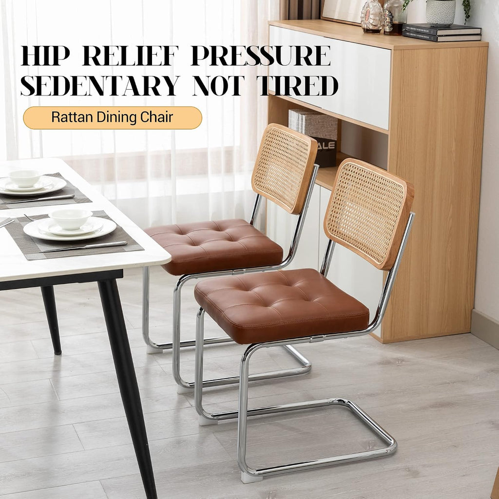 Mid Century Modern Dining Chairs Set Of 2, Faux Leather Rattan Dining Room Kitchen Side Chairs With Metal Legs And Upholstered Seat For Dining Room, Living Room, Bedroom,Brown