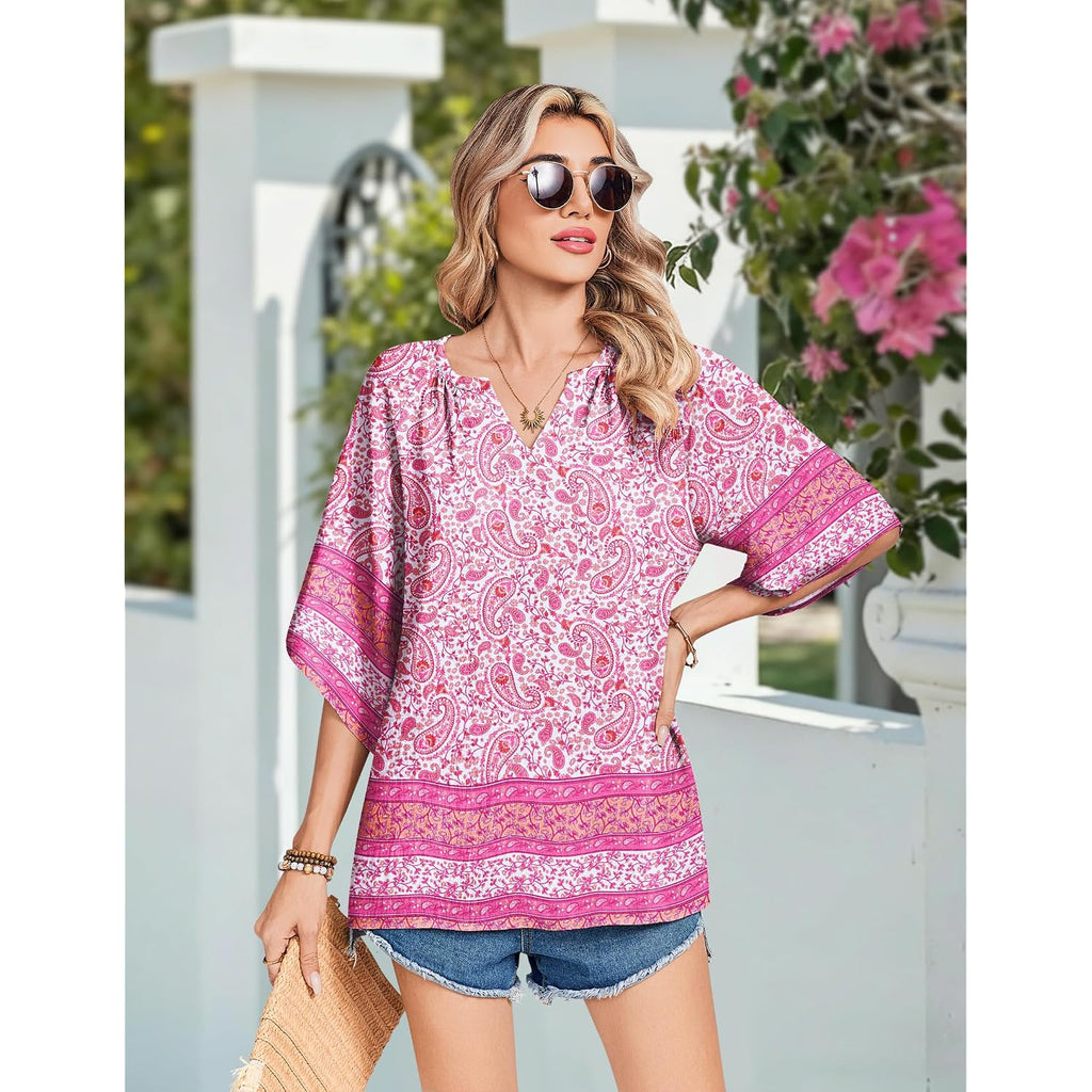 Zeagoo Womens Tops 3/4 Sleeve V Neck Bohemian Blouses Casual Loose Fit Tunic Boho Shirts Floral Printed Clothes