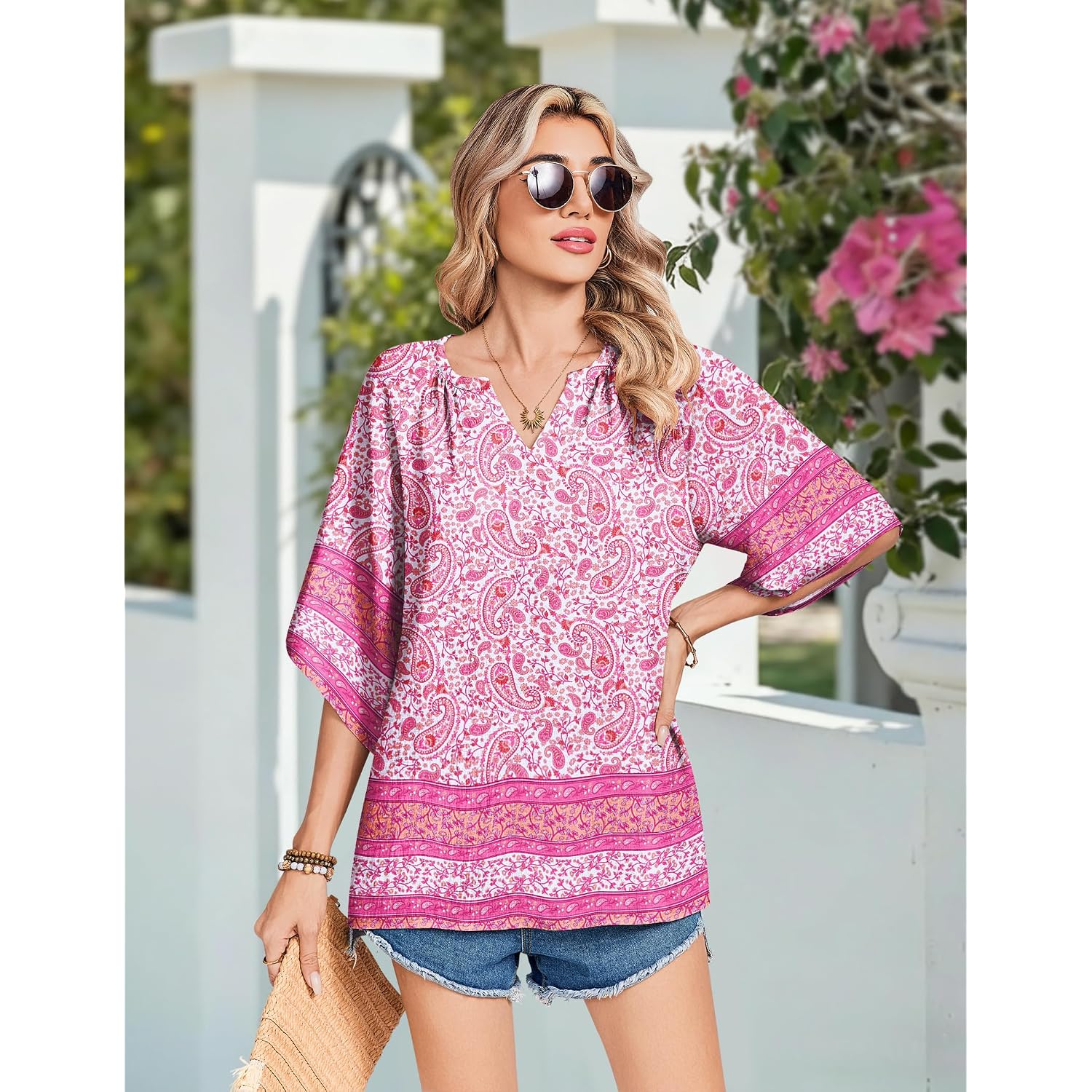 Zeagoo Womens Tops 3/4 Sleeve V Neck Bohemian Blouses Casual Loose Fit Tunic Boho Shirts Floral Printed Clothes